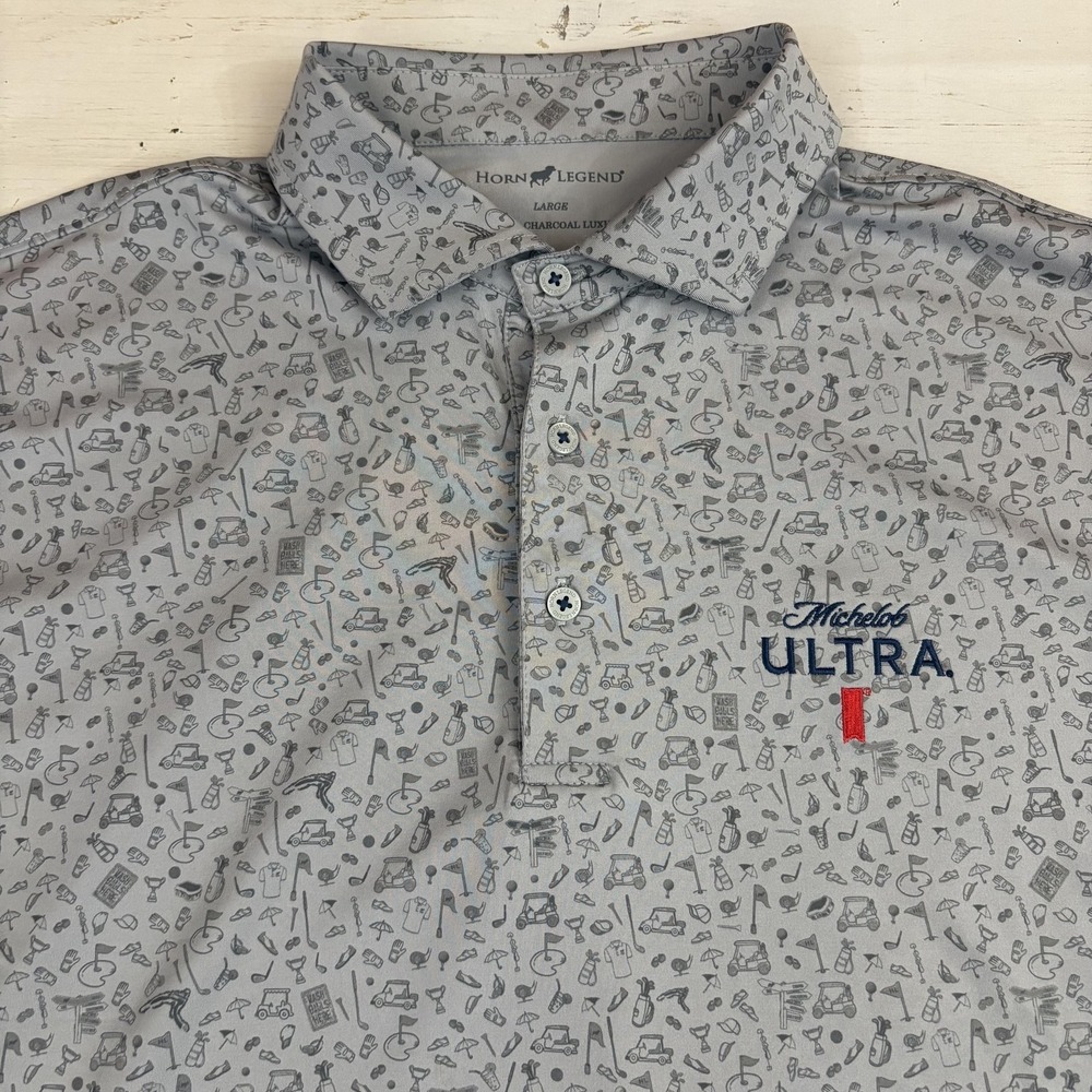 Horn Legend Polo Shirt Mens L Gray Golf Icon Print Michelob Ultra Logo Stretch
